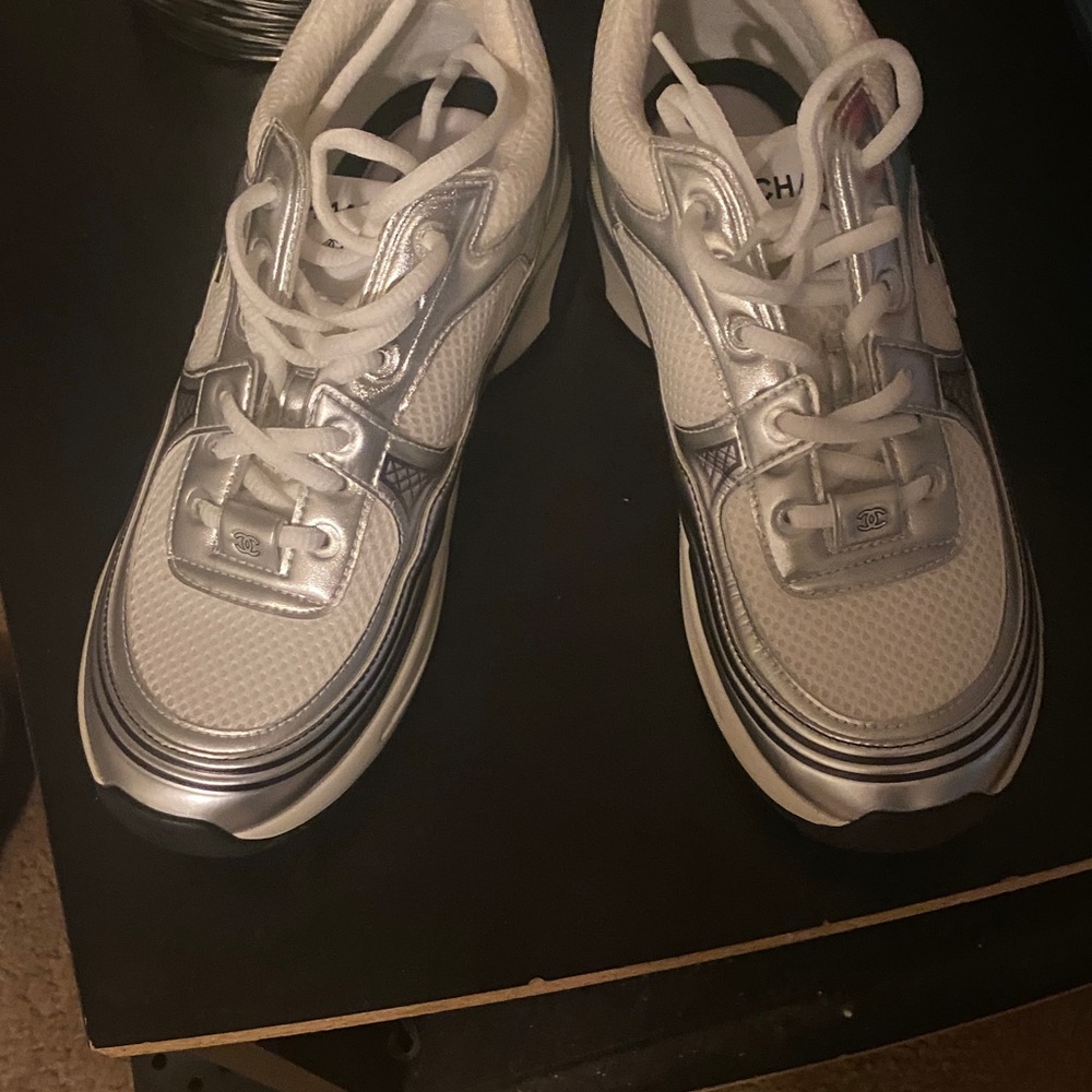 Metallic Silver and White Sneakers